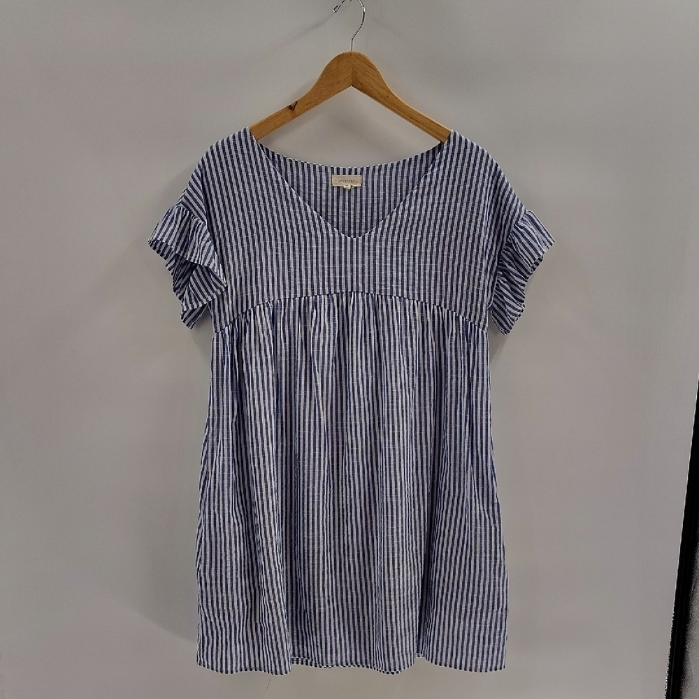 Crescent Dress Size Medium High Waist Blue White Stripe Ruffle Sleeve